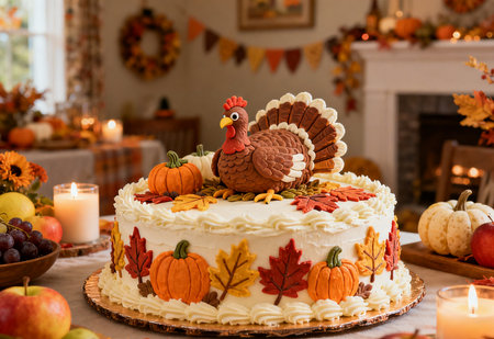 Thanksgiving cake with turkey on top and autumn leaves on the tableの素材