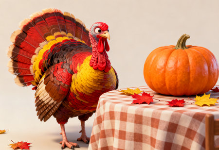 Pumpkin and turkey on a table with a checked tableclothの素材