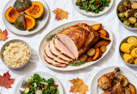 Thanksgiving dinner table with roasted turkey, baked pumpkin, baked potatoes and vegetablesの素材