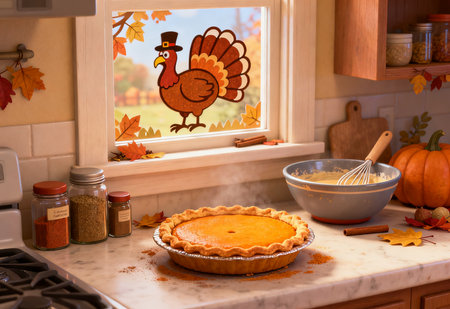 Pumpkin pie with a picture of a turkey in the kitchenの素材