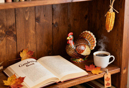 Autumn still life with a cup of coffee, a book and a turkey on a wooden shelfの素材