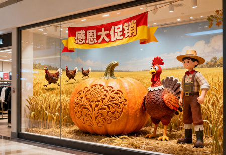 Fall decorations in a shop window.の素材