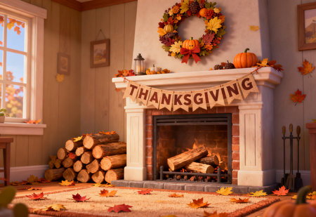 Autumn decoration in the living room with a fireplace and fallen leavesの素材