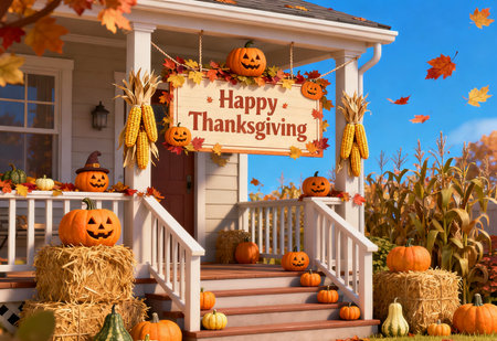 Halloween pumpkins in front of the house. 3d renderingの素材