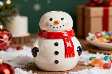 snowman with christmas gifts and candies on wooden backgroundの素材