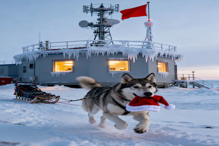 Sled dog in Santa Claus hat on the background of the Arctic Circleの素材