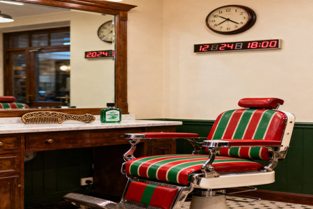 Barber shop interior with red chair and wooden barber table.の素材