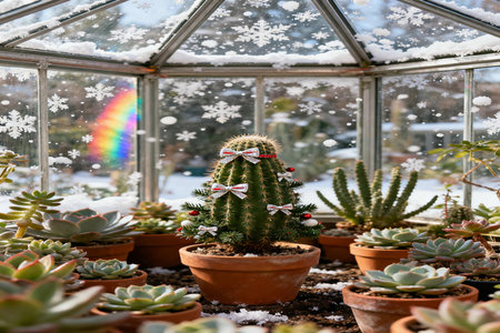 Cactus in a greenhouse with snowflakes on the background.の素材