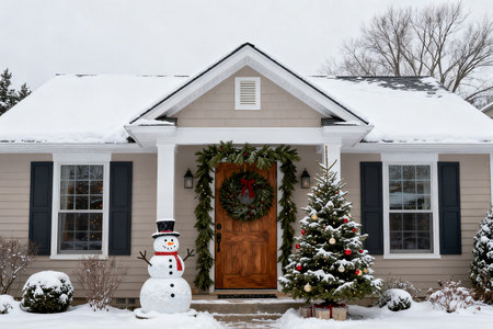 Snowman in front of a house in winter with a Christmas treeの素材