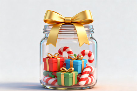 Christmas candy canes in a glass jar with a gold bow. 3d renderingの素材