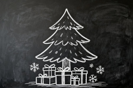 Drawing of christmas tree with presents on blackboard background.の素材