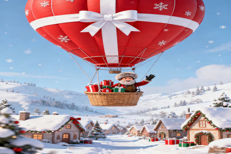 Santa Claus flying on a hot air balloon over the village in winterの素材