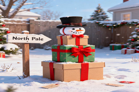 Snowman with gift boxes in front of a house in winter.の素材