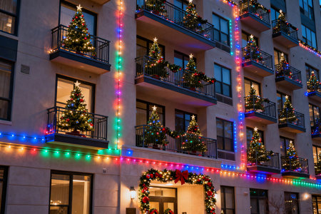 Christmas lights on the facade of a modern apartment building with decorated Christmas treeの素材