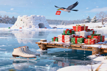 Frozen lake with gifts and a bird on the background of an iglooの素材