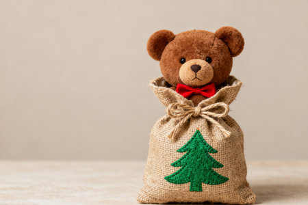 Teddy bear in a sack with a Christmas tree on a gray backgroundの素材