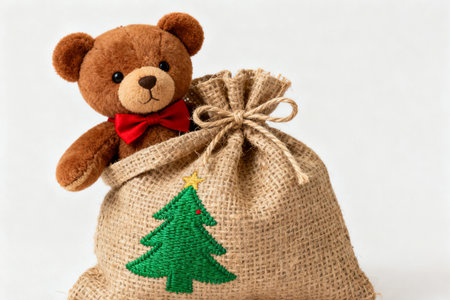 Christmas teddy bear in a bag of burlap on a white backgroundの素材