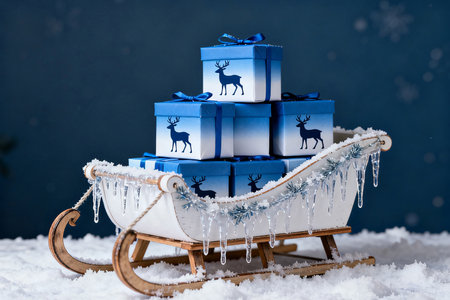 Christmas gift boxes with reindeer on wooden sled over blue backgroundの素材