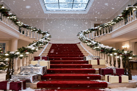 Christmas and New Year holidays background. Luxury decorated Christmas tree and gift boxes on the stairs. Snowfall.の素材