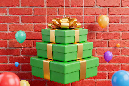 Green gift boxes on red brick wall background. 3D Renderingの素材