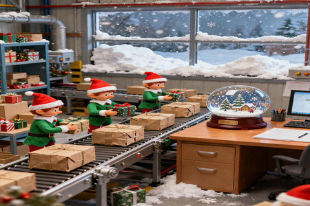 Santa Claus on the production line in the factory.の素材