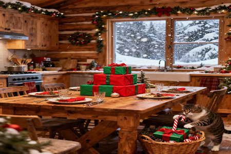 Wooden table with Christmas gifts and cat on it in the kitchenの素材