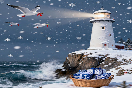 Snowy winter scene with Lighthouse, Basket with gift boxes and seagullsの素材