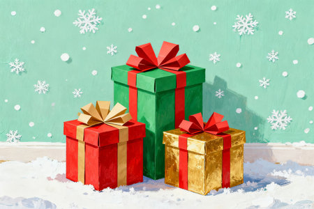Gift boxes on snow with snowflakes on green wall backgroundの素材