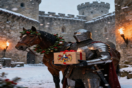Knight in armor with a gift on the background of the medieval castleの素材