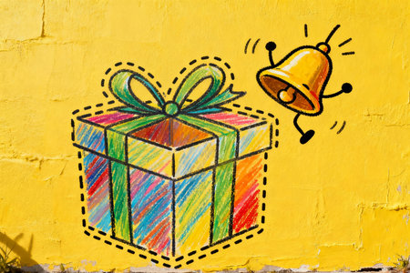 Colorful drawing of a gift box with a bell on a yellow wallの素材