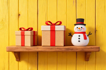 Christmas gift boxes with a snowman on shelf over yellow wooden backgroundの素材