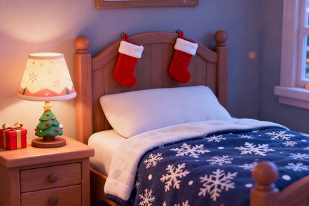 Christmas and New Year's bedroom with a bed, a lamp and a Christmas sockの素材