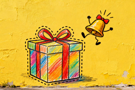 Drawing of a gift box on a yellow wall with a bellの素材
