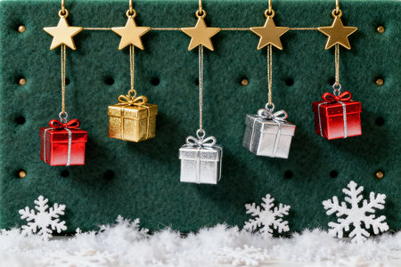 Christmas decoration with gift boxes, stars and snowflakes on green backgroundの素材