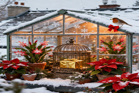 Christmas decoration with poinsettia and bird in a glass houseの素材