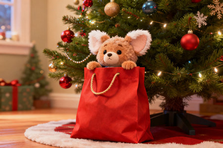 Christmas gift bag with teddy bear on the background of the Christmas treeの素材