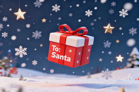 christmas gift box with red bow in snow 3d-illustrationの素材