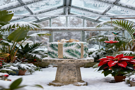 Christmas decoration with poinsettia and snow in the garden.の素材