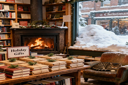 Christmas decorations in the interior of a bookstore.の素材