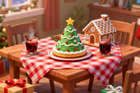 Christmas gingerbread house and two cups of mulled wine on wooden tableの素材