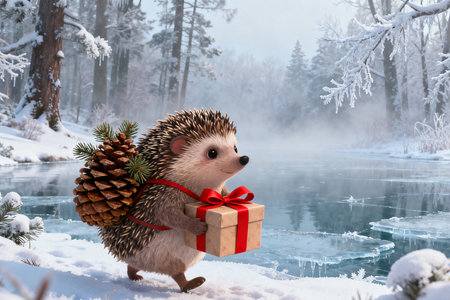 Hedgehog with a Christmas gift on the background of winter forestの素材