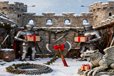 Medieval battle scene with knightly armor, weapons and wreaths.の素材