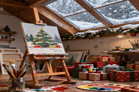 Painting a Christmas tree on canvas with a brush in a workshopの素材
