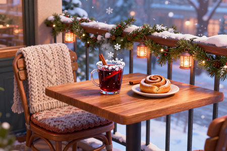 Cup of hot mulled wine with cinnamon and star anise on a wooden table on the background of a snowy winter landscape.の素材