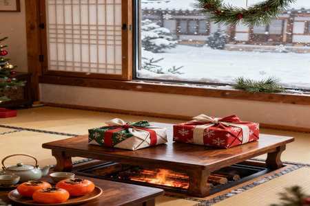 Christmas presents on a wooden table in front of a window in winterの素材