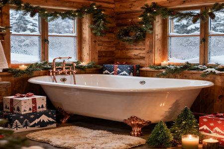 Interior of a wooden cabin with a bathtub and Christmas decorationsの素材