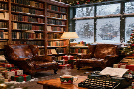 Merry Christmas and Happy New Year! Beautiful cozy living room with Christmas tree, fireplace, bookshelf, coffee cup and vintage typewriter. Cozy home atmosphere.の素材