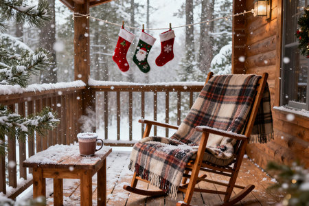 Wooden rocking chair with christmas socks and a cup of hot cocoa on the porch of a country house in winterの素材