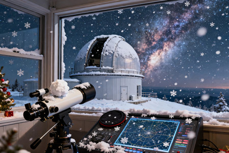 Snowy view from the window of the observatory with a telescope.の素材