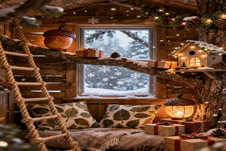 Christmas decoration on the porch of a rustic wooden house in the snowの素材